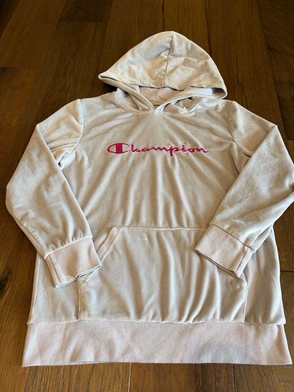 Champion Velour Hoodie Youth Size L Ivory Pink Script Logo Pullover Sweatshirt